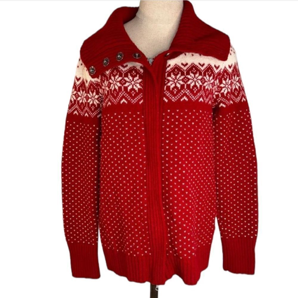 Eddie Bauer Womens Lambswool Fair Isle Knit Sweater Jacket Holiday‎ Cozy Retro
